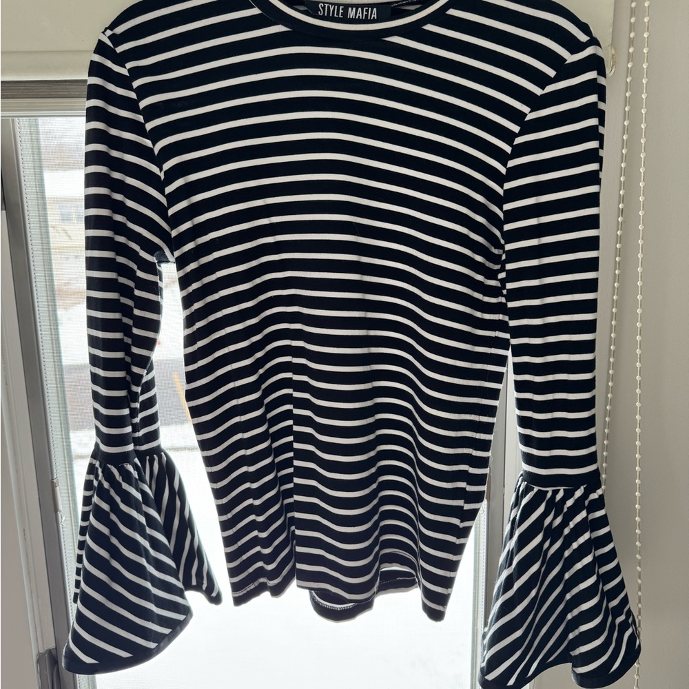 Style Mafia Black and White Ruffled Bell Sleeve Blouse